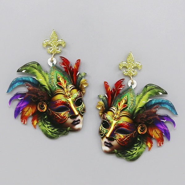 Women's Multi Colored Carnival Mask Acetate Earrings