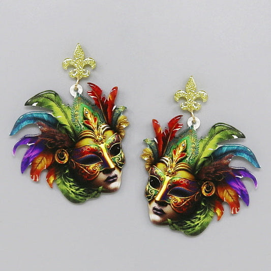 Women's Multi Colored Carnival Mask Acetate Earrings