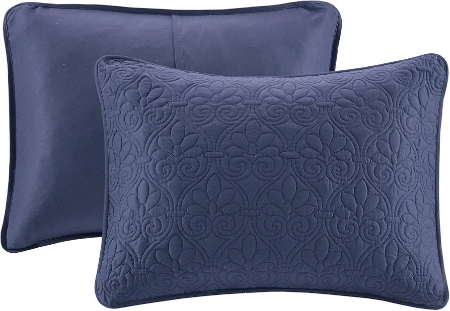 Madison Park Quebec Quilt Set - Luxurious Damask Stitching Design, Cotton Filled Lightweight Coverlet Bedspread Bedding, Shams, Full/Queen(90"x90"), Navy 3 Piece