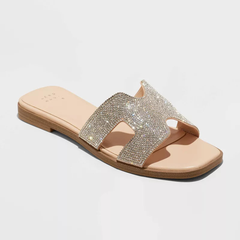 Women's Nina Sliver Rhinestone Flat Sandals A New Day