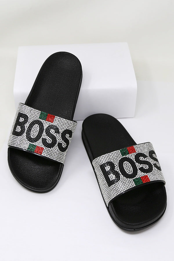 Boss Sliver Rhinestone Embellished Slide Black