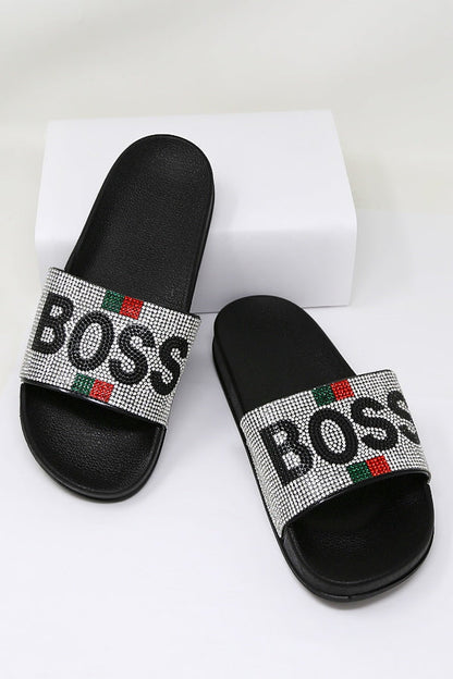 Boss Sliver Rhinestone Embellished Slide Black