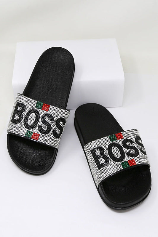 Boss Sliver Rhinestone Embellished Slide Black