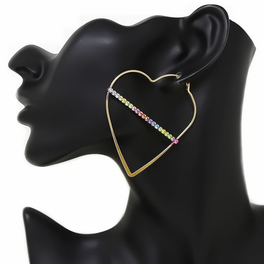 Women's Gold Multi Colored Bar Stone Heart Shaped Hoop Earrings