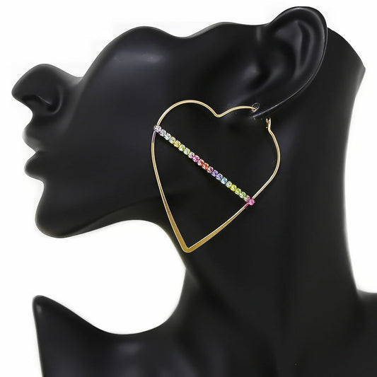 Women's Gold Multi Colored Bar Stone Heart Shaped Hoop Earrings