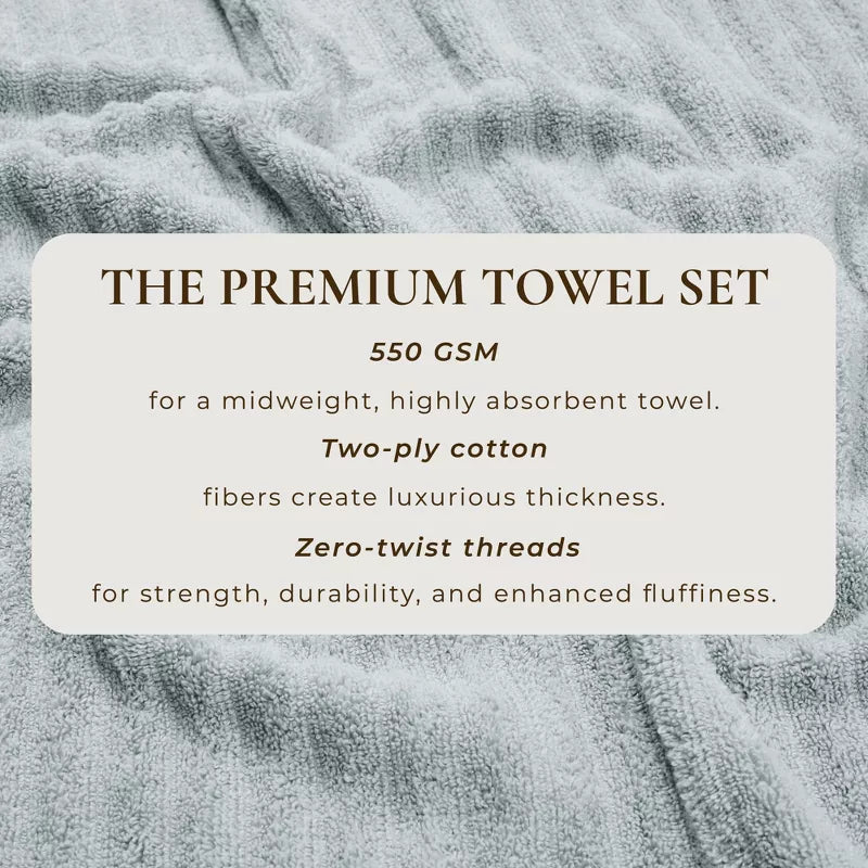 Woverly Luxury Ribbed  100% Cotton Quick Dry 6 Piece Bath Towel Set Light Gray