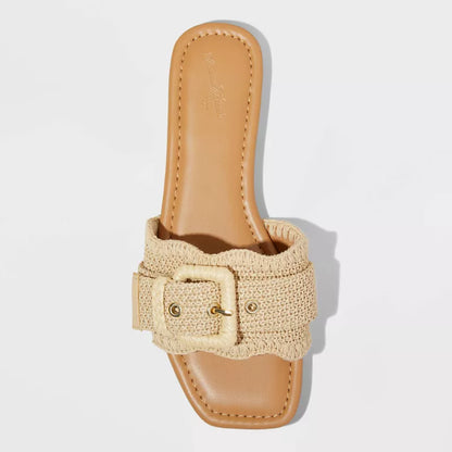 Women's Linda Raffia Buckle Slide Sandals - Universal Thread Tan Size 9