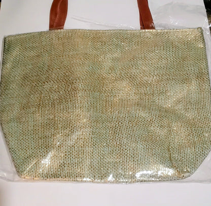 Basket Weave Gold Glitter Tote Bag With Zipper Inside Zip Compartment