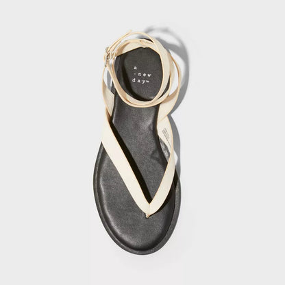 Women's Tarin Ankle Wrap Thong Sandals - A New Day Cream Size 6 1/2