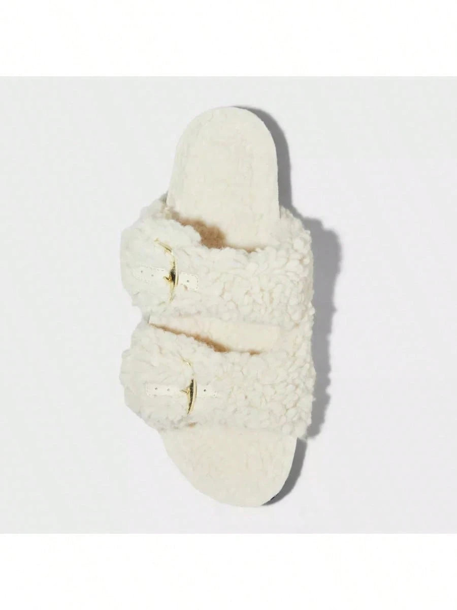Women's Auden Jane Cross Band Buckle Slip on Faux Fur Sandals Cream Various Sizes