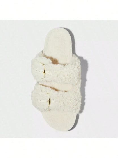 Women's Auden Jane Cross Band Buckle Slip on Faux Fur Sandals Cream Various Sizes