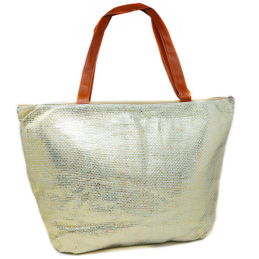 Basket Weave Gold Glitter Tote Bag With Zipper Inside Zip Compartment