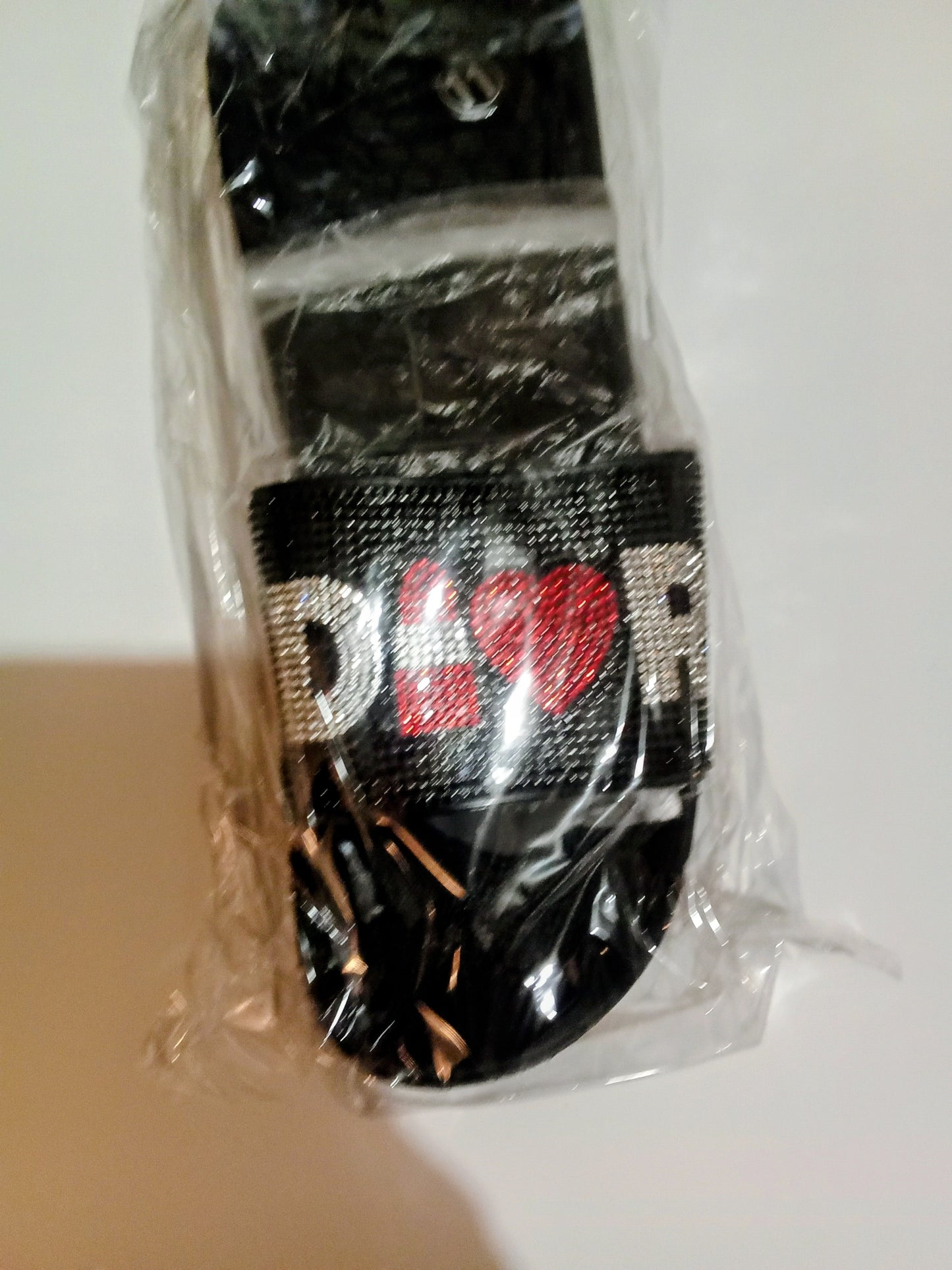 Lipstick And Heart Rhinestone Embellished Black Slides