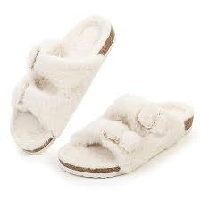 Women's Auden Jane Cross Band Buckle Slip on Faux Fur Sandals Cream Various Sizes