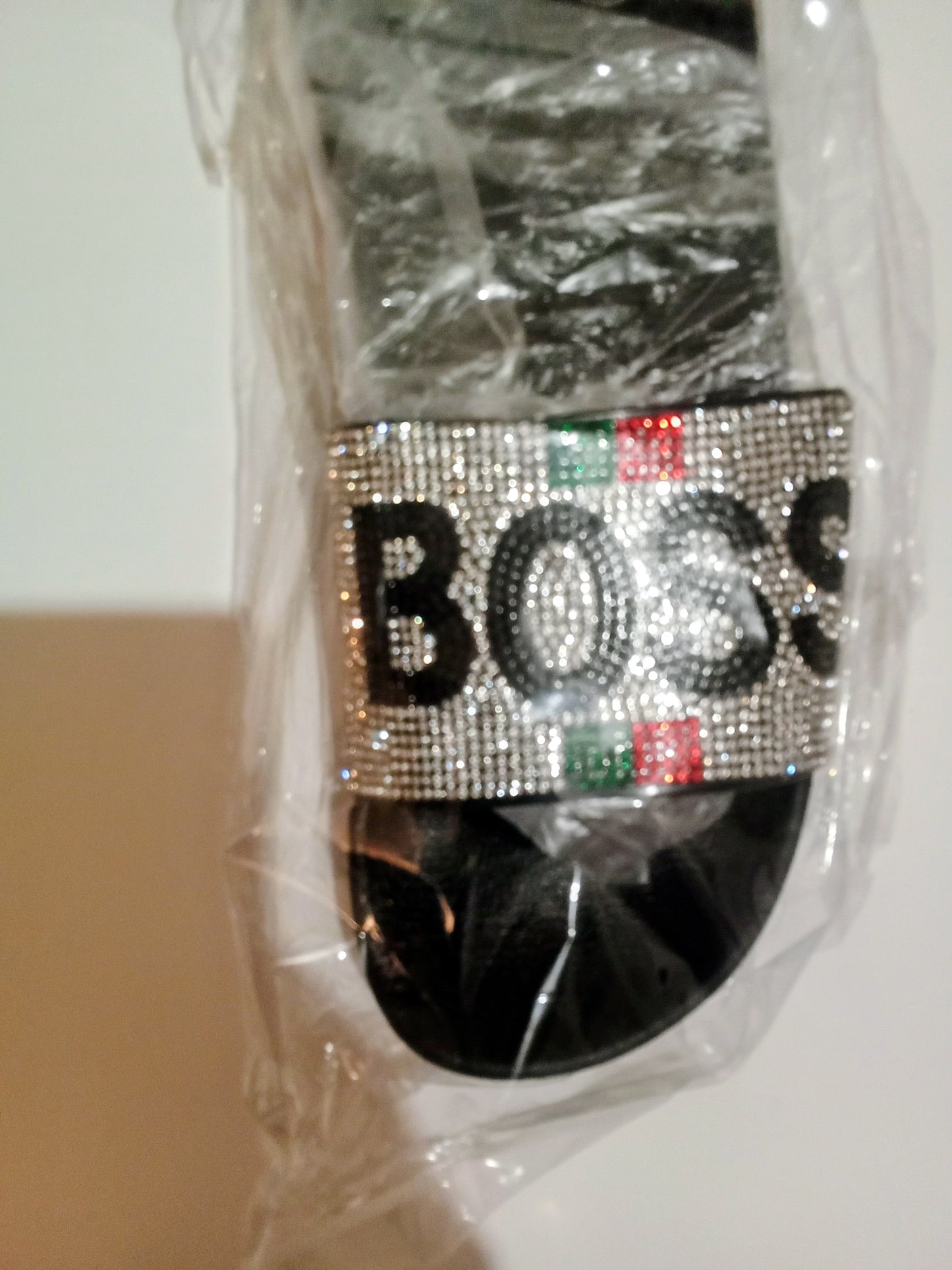 Boss Sliver Rhinestone Embellished Slide Black
