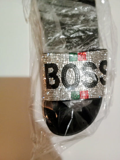 Boss Sliver Rhinestone Embellished Slide Black