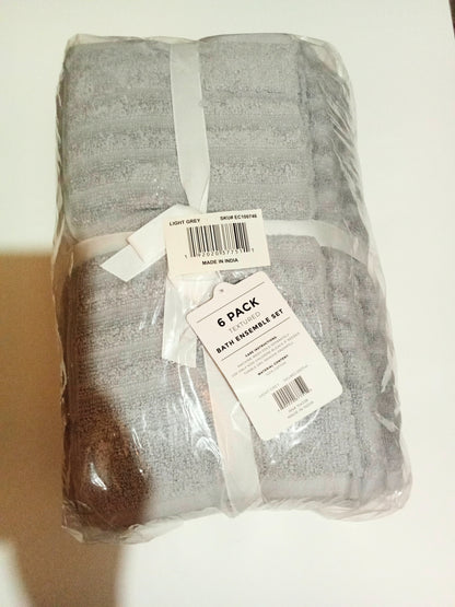 Woverly Luxury Ribbed  100% Cotton Quick Dry 6 Piece Bath Towel Set Light Gray