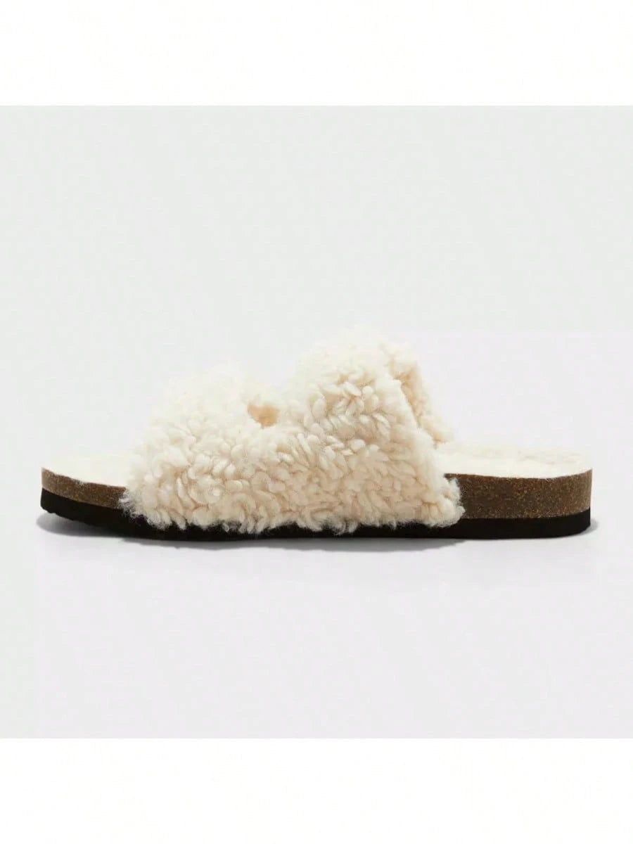 Women's Auden Jane Cross Band Buckle Slip on Faux Fur Sandals Cream Various Sizes