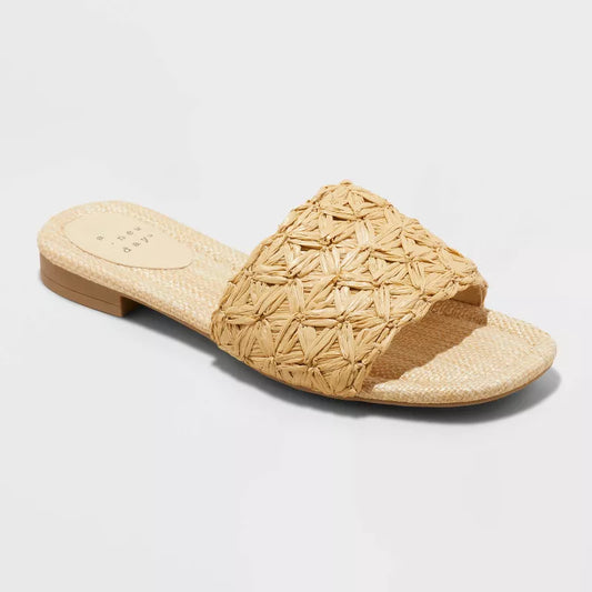 Women's Ariella Woven Raffia Slide Sandals with Memory Foam Insole - A New Day Size 8 Tan