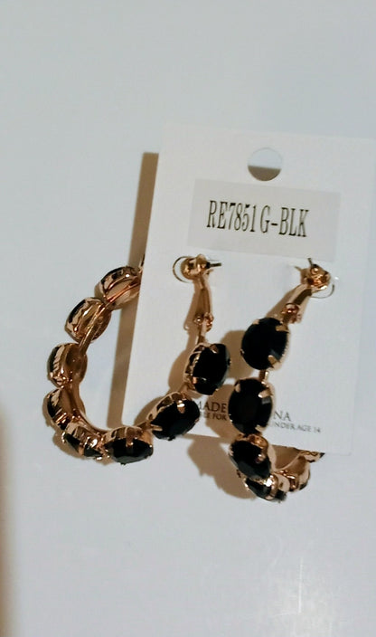 Women's Gold Black Stone Embellished Hoop Statement Earrings