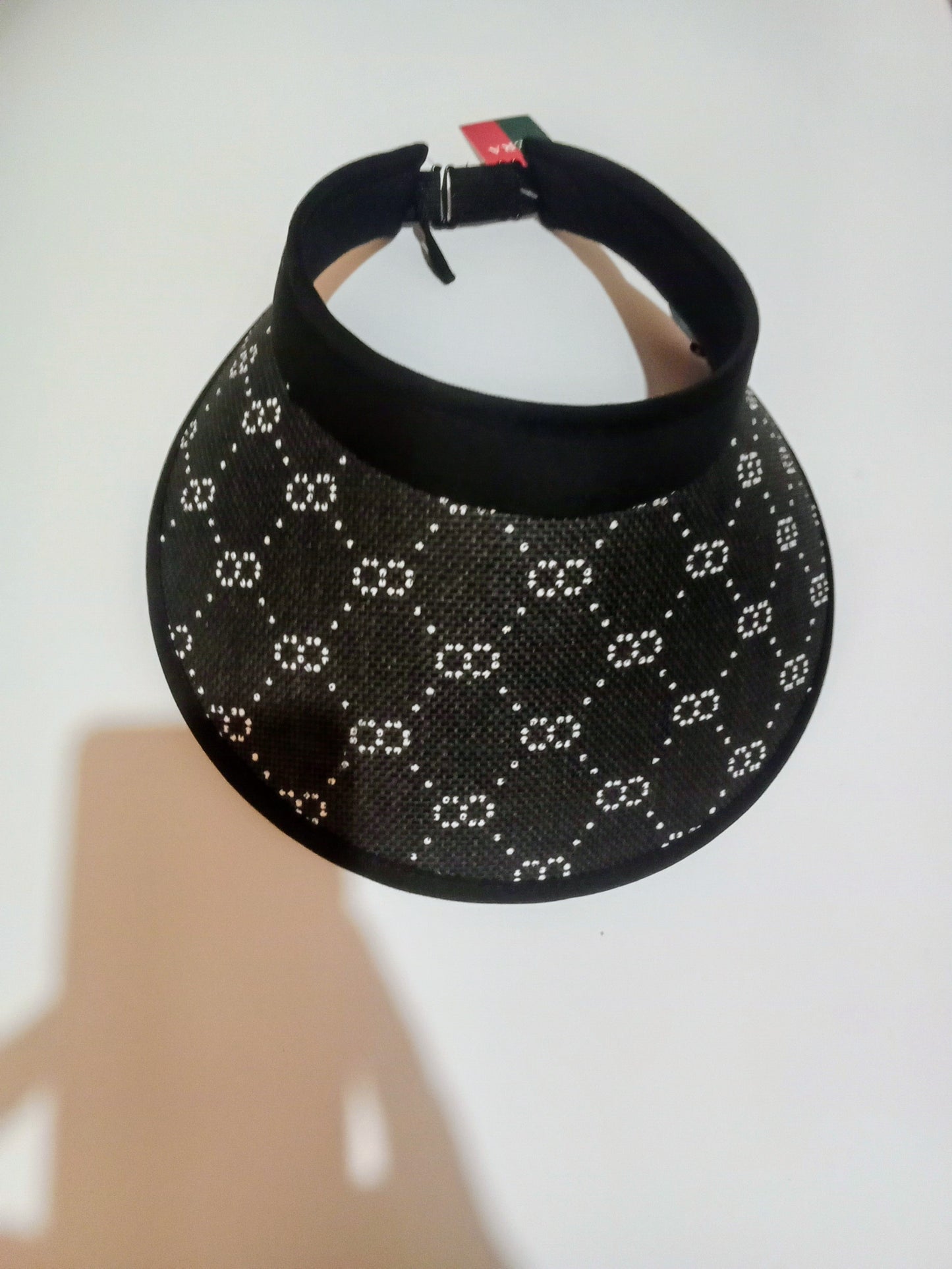 White Linked Print Straw Visor Cap Black Adjustable Strap