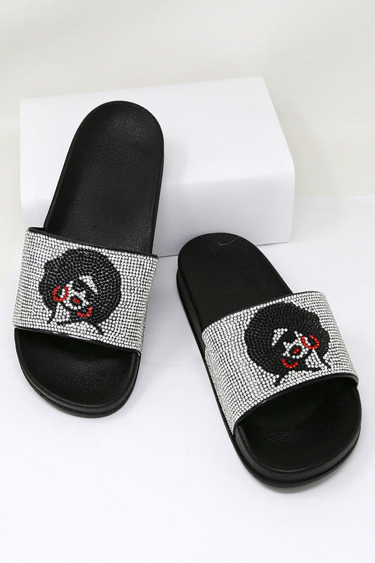 Afro Girl Silver Rhinestone Embellished Slide Black