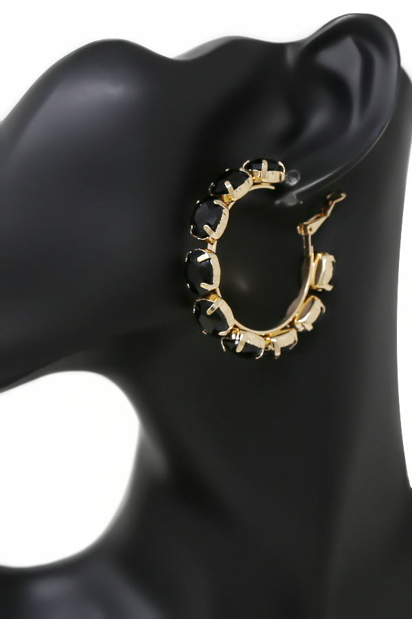 Women's Gold Black Stone Embellished Hoop Statement Earrings