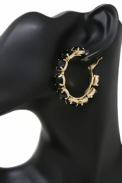 Women's Gold Black Stone Embellished Hoop Statement Earrings