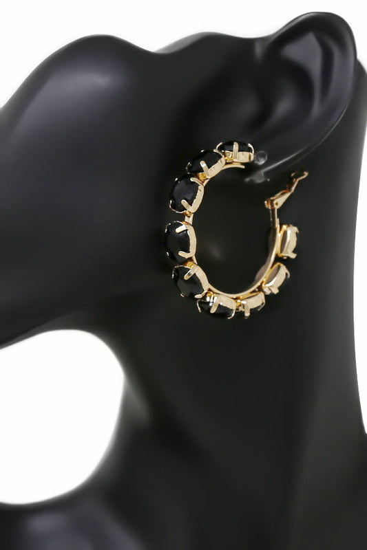 Women's Gold Black Stone Embellished Hoop Statement Earrings
