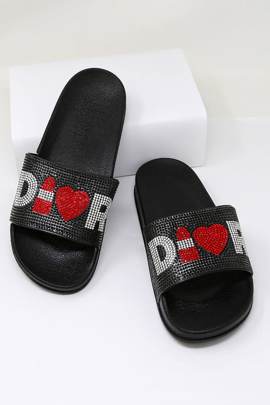 Lipstick And Heart Rhinestone Embellished Black Slides