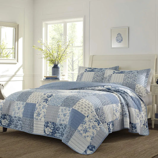 Laura Ashley - Twin Quilt Set, Reversible Cotton Bedding with Matching Sham, Medium-Weight for Year Round Use, Dorm Essentials (Paisley Printed Patchwork Blue)