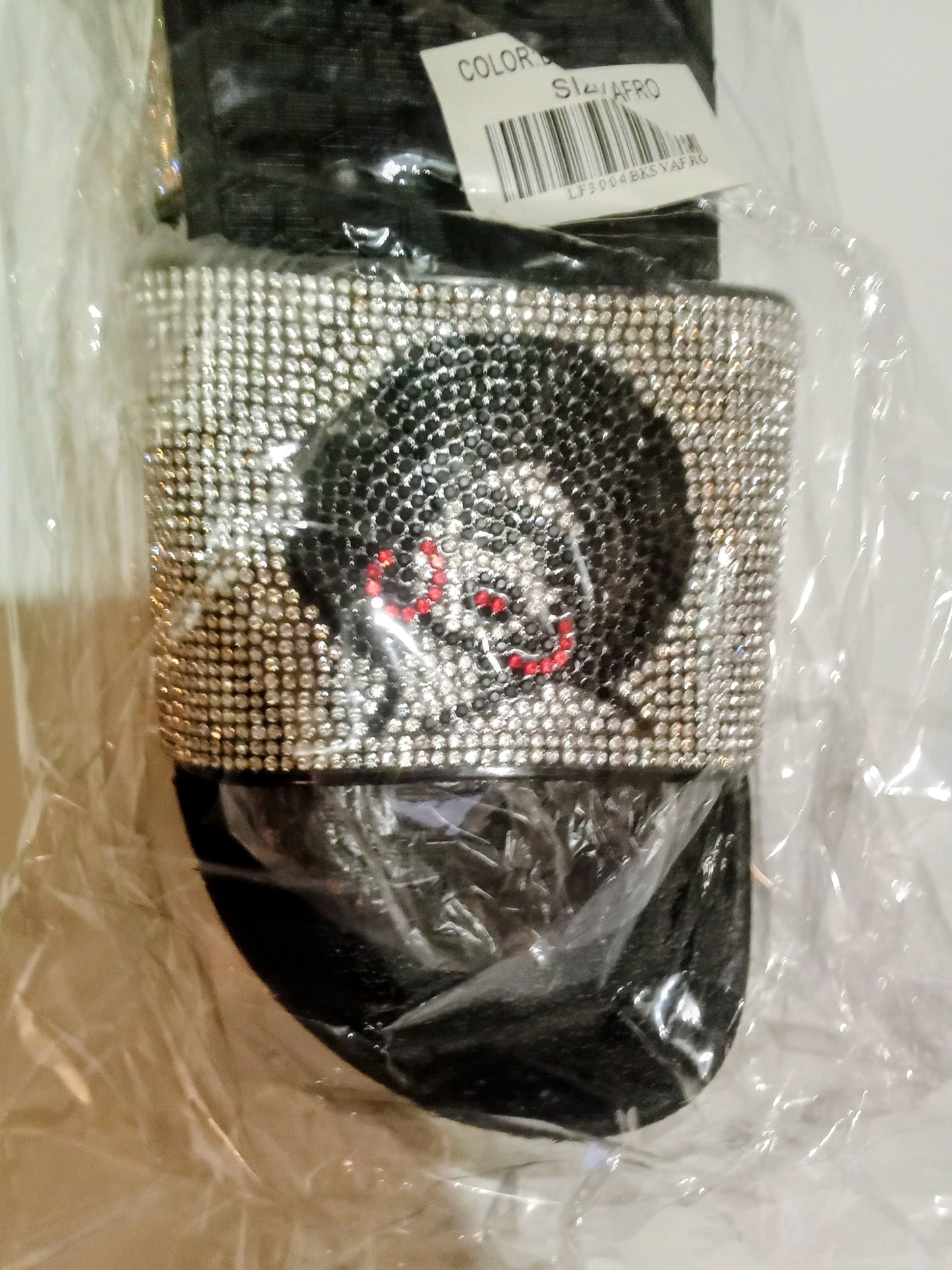 Afro Girl Silver Rhinestone Embellished Slide Black