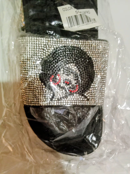 Afro Girl Silver Rhinestone Embellished Slide Black