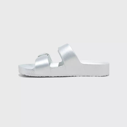 Women's Neida Eva Two Band Foot Bed Slide Sandals Shade & Shore Silver