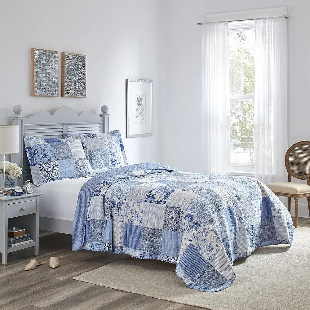 Laura Ashley - Twin Quilt Set, Reversible Cotton Bedding with Matching Sham, Medium-Weight for Year Round Use, Dorm Essentials (Paisley Printed Patchwork Blue)