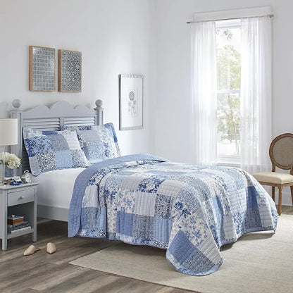 Laura Ashley - Twin Quilt Set, Reversible Cotton Bedding with Matching Sham, Medium-Weight for Year Round Use, Dorm Essentials (Paisley Printed Patchwork Blue)