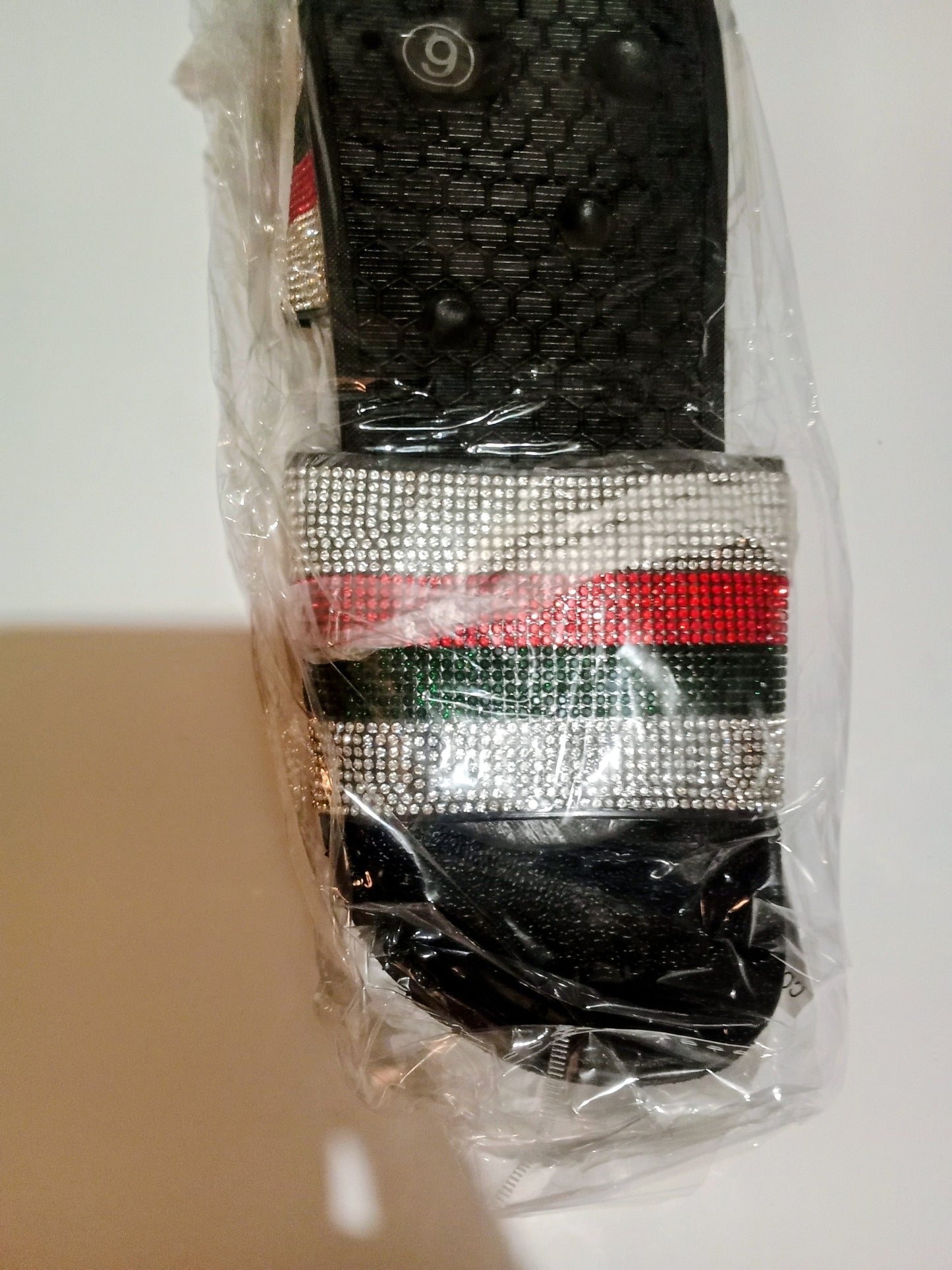 Women's Striped Sliver Rhinestone Embellished Slides Black