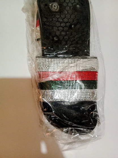 Women's Striped Sliver Rhinestone Embellished Slides Black